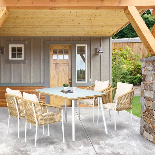 Outsunny 5tlg. Polyrattan Gartenmöbel Set, Esstisch mit 4 Stapelstühlen, mit Tischplatte aus Hartglas, 140L x 80B x 74H cm, PE-Rattan, Aluminium, Gelb