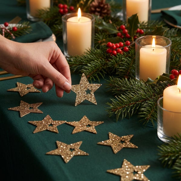 Hand platziert glitzernde goldene Dekosterne auf einem weihnachtlich gedeckten Tisch mit Tannen und Kerzen.