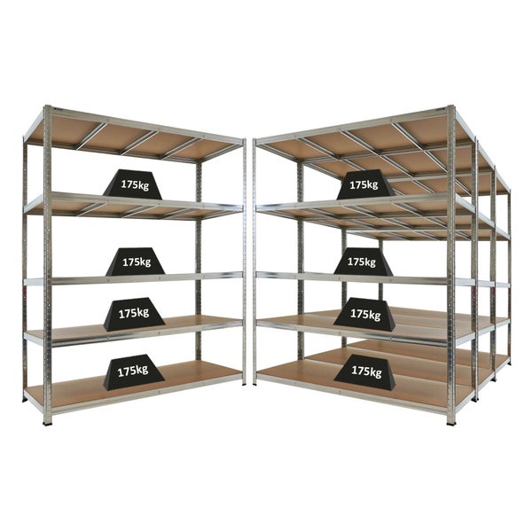 Zwei verzinkte Schwerlastregale aus Metall mit Holzböden, Traglast pro Fachboden 175 Kilogramm, stabiles Steckregal für Keller und Garage.