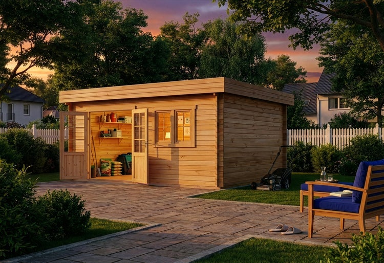 Modernes Gartenhaus aus Holz mit Flachdach und Doppeltür im Garten bei Sonnenuntergang, mit gepflasterter Terrasse und Rasenmäher.