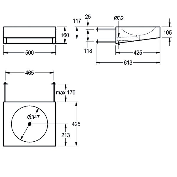 Technische Zeichnung eines Waschbeckens mit Maßangaben in Millimeter: Breite 500, Tiefe 425 und Höhe 160.