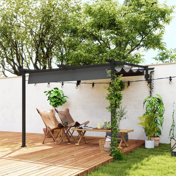Outsunny Terrassendach Pergola ca. 3x3m Terrassendachung, Garten Pavillon aus Aluminium, Wandmontage, Gartenpavillon mit Verstellbares Dach, Sonnenschutz für Terrasse und Garten, Dunkelgrau