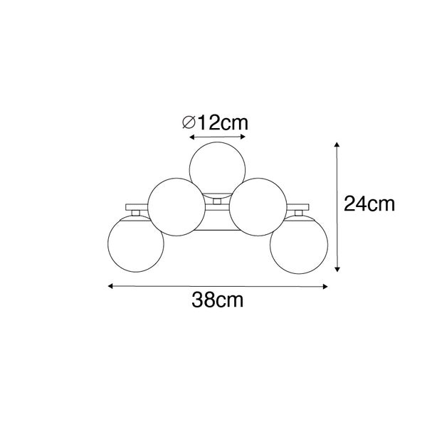 Abmessungen einer Lampe mit fünf Lichtpunkten: Durchmesser der Kugel 12 cm, Höhe 24 cm, Länge 38 cm