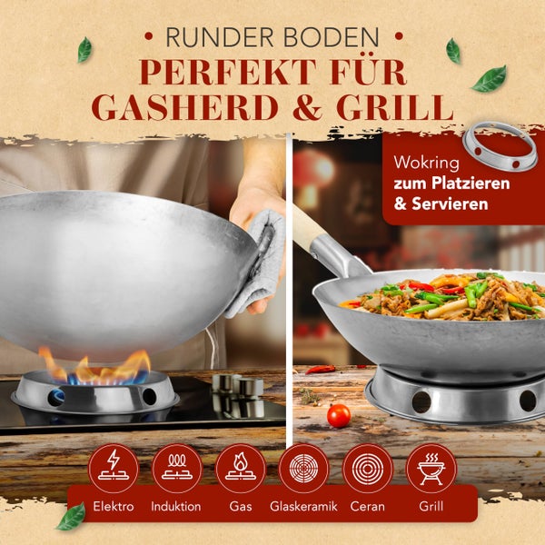 KRUSTENZAUBER 30cm Wokpfanne runder Boden - Traditionelle Stahlwokpfanne mit Wokwender u. Wokring - Wok Pfanne, Wok Induktion, Woklette, Wok Zubehör, Carbon Steel Wok Karbonstahl