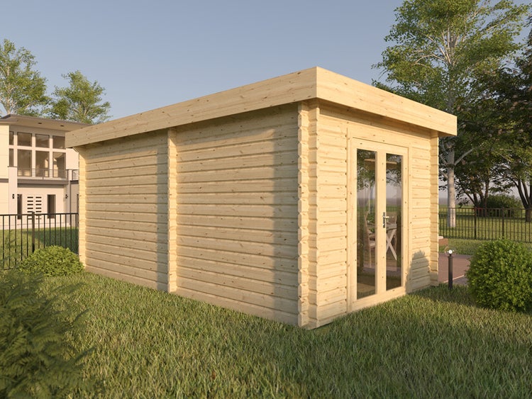 Modernes Gartenhaus aus Holz mit Flachdach und verglaster Doppeltür in einem Garten.