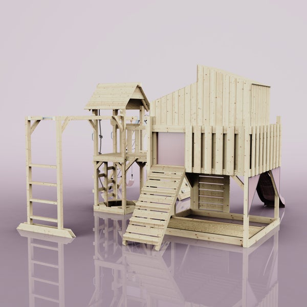 Spielturm aus Holz mit Rutsche, Kletterwand und Schaukel