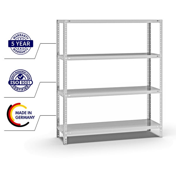 PROREGAL Fachbodenregal Schraubsystem Medium-Duty Grundregal HxBxT 150 x 130 x 40 cm 4 Ebenen Fachlast 200 kg Beidseitig Nutzbar Lichtgrau