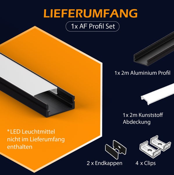 Lieferumfang eines LED Aluminiumprofil Sets mit zwei Meter Profil Abdeckung Endkappen und Clips ohne LED Leuchtmittel