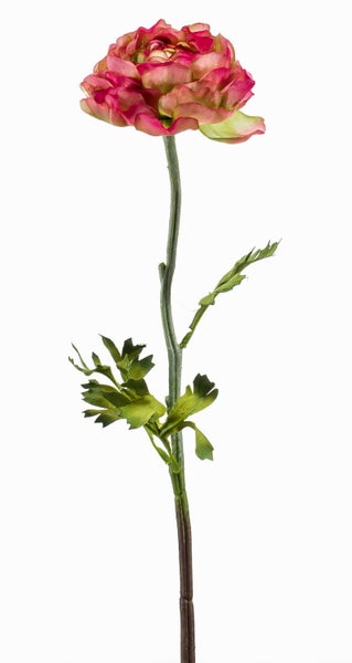 Künstliche Hortensie mit blau-weißen Blüten, gezacktem grünem Blatt und Stiel.