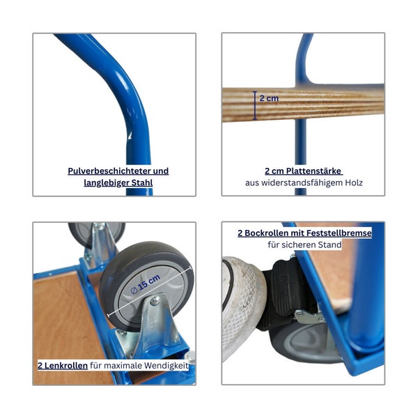 Detailansicht einer Transportkarre: pulverbeschichteter Stahl, Holzplatte mit 2 Zentimeter Stärke, zwei Lenkrollen mit 15 Zentimeter Durchmesser, zwei Bockrollen mit Feststellbremse