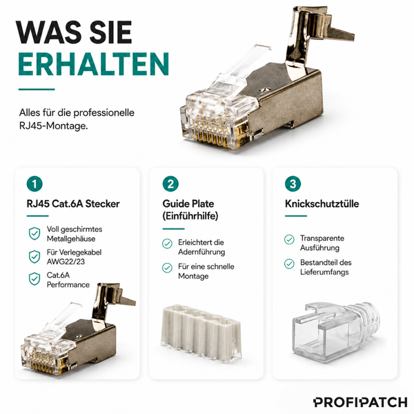 RJ45 Kategorie 6A Netzwerkstecker Set von PROFIPATCH bestehend aus voll geschirmtem Metallgehäuse, Einführhilfe und Knickschutztülle.