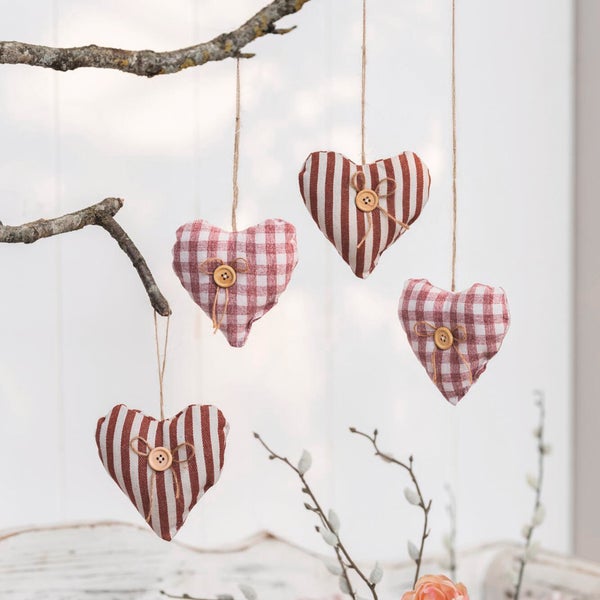FRANK FLECHTWAREN|Hänger Knopfherzchen, 4er Set, 13 x 13 cm, BAUMWOLLE, LEINEN, POLYESTER