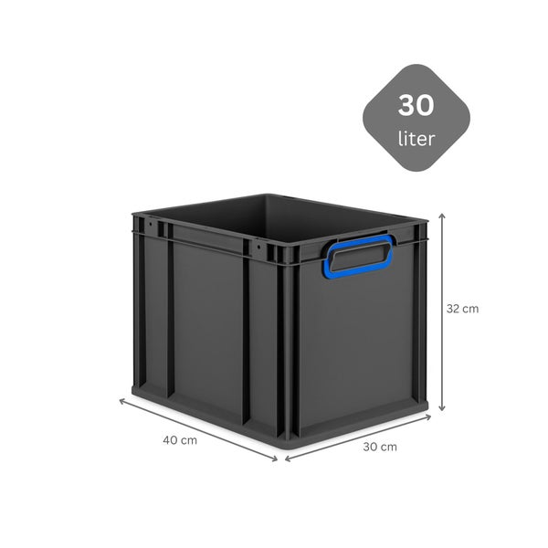 PROREGAL SuperSparSet 4x Eurobox NextGen Color mit Auflagedeckel und Schiebeschnappverschlüsse, HxBxT 32x30x40cm, 30 Liter, Schwarz, Griffe blau geschlossen, Eurobehälter, Transportbox, Transportbehälter, Stapelbehälter
