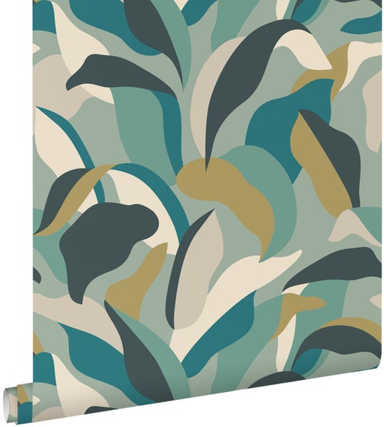 ESTAhome Tapete tropische Blätter Meeresgrün und Petrolblau - 50 x 900 cm - 139942