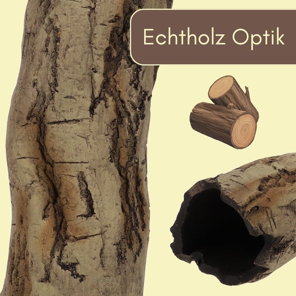 Aquarien- und Terrariendekoration in Echtholz-Optik mit strukturierter Oberfläche und hohlem Innenraum als Versteckmöglichkeit.