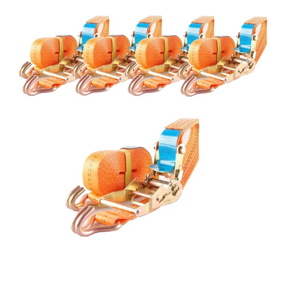 Set von vier Spanngurten mit Ratsche und Haken zur Ladungssicherung für den Transport.