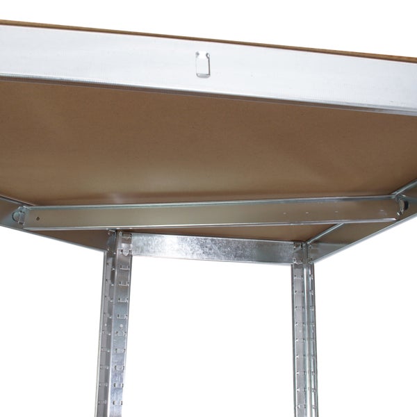 Detailansicht eines Regalbodenunterbaus mit verzinktem Metallrahmen und Holzeinlegeboden für ein Schwerlastregal.
