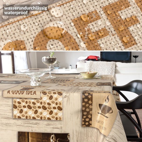 Tischdecke mit Kaffeemotiv und wasserundurchlässiger Oberfläche
