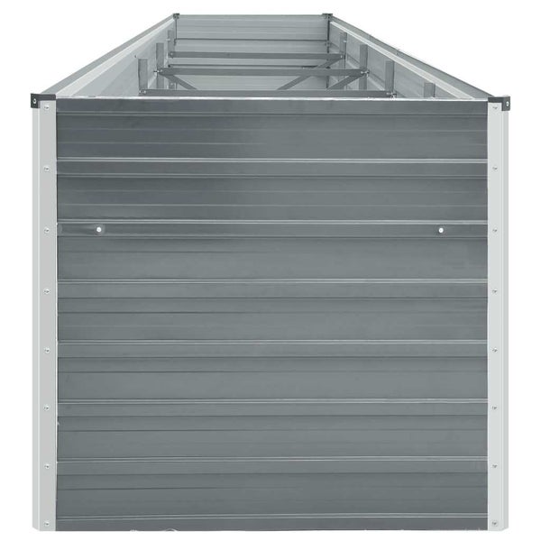 Rechteckiges Hochbeet aus verzinktem Metall mit internen Stützen und waagerecht gewellten Paneelen.