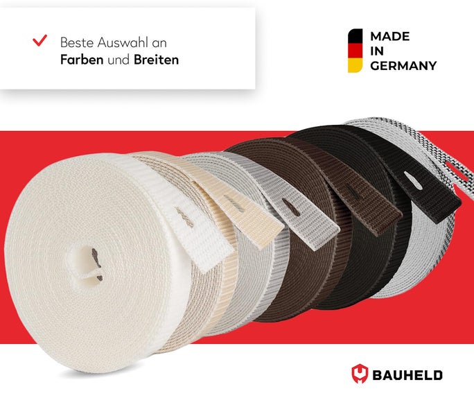 Rollos mit verschiedenen Farben und Breiten, hergestellt in Deutschland.