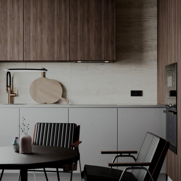 Moderne Küche mit Holzakzenten, Esstisch und Stühlen