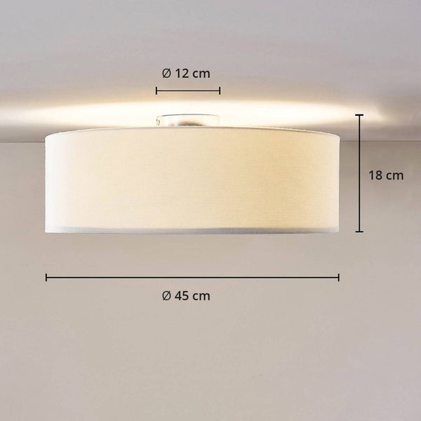 Runde Deckenleuchte mit Textilschirm, Durchmesser 45 Zentimeter, Höhe 18 Zentimeter, Durchmesser Baldachin 12 Zentimeter.