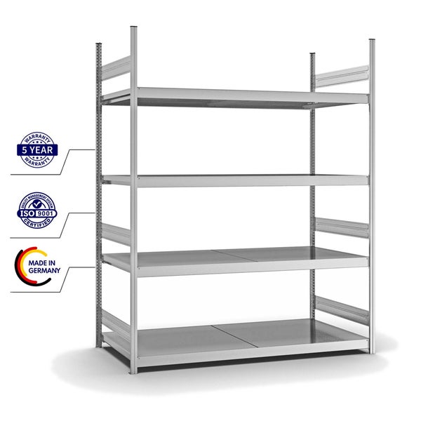 PROREGAL Weitspannregal Stecksystem T-Profil Grundregal HxBxT 250x200x80 cm 4 Ebenen Stahlplatten Fachboden Fachlast 350 kg Verzinkt