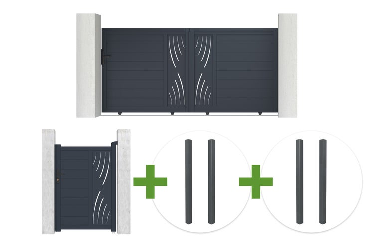 Set aus anthrazitfarbenem Doppelflügeltor, Pforte und vier Pfosten mit modernem Lamellendesign und lasergeschnittenen Dekorelementen.