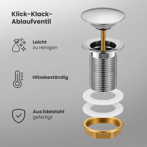 Klick-Klack-Ablaufventil für Waschbecken aus Edelstahl, hitzebeständig und leicht zu reinigen.