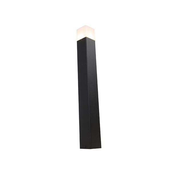 Moderne schwarze Wegeleuchte in Säulenform aus Metall mit weißem Kunststoffdiffusor.