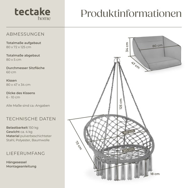 Hängesessel tectake Grazia 80 x 72 x 125 cm mit Sitz- und Rückenpolster grau