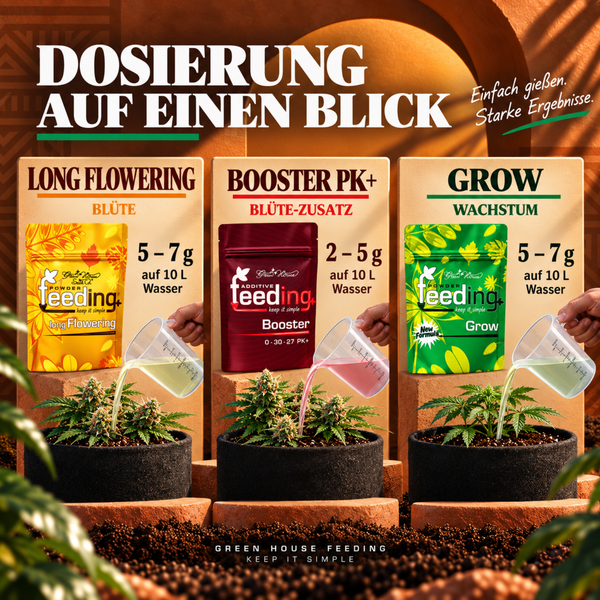 Übersicht der Dosierung für Green House Powder Feeding Dünger Long Flowering, Booster PK Plus und Grow zur Anwendung bei Pflanzen.