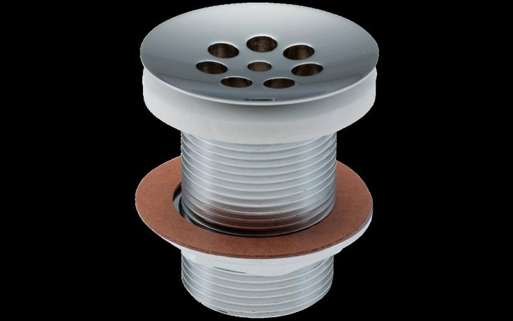 Ablaufventil für Waschbecken mit Metallsieb, weißer Dichtung, Gewindekörper und brauner Flachdichtung.