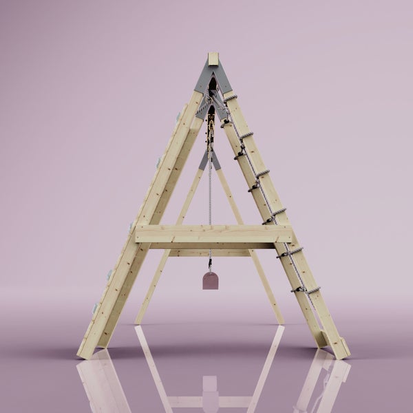 Klettergerüst aus Holz in A-Form mit Kletterwand, Strickleiter und Seilzug