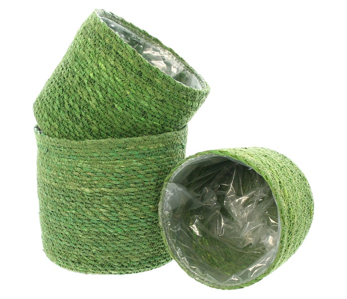 FRANK FLECHTWAREN | Pflanzkorb Green, 3er Set, SEEGRAS, FOLIE, Ø 14 x 12 cm, Ø 16 x 14 cm, Ø 18 x 16 cm