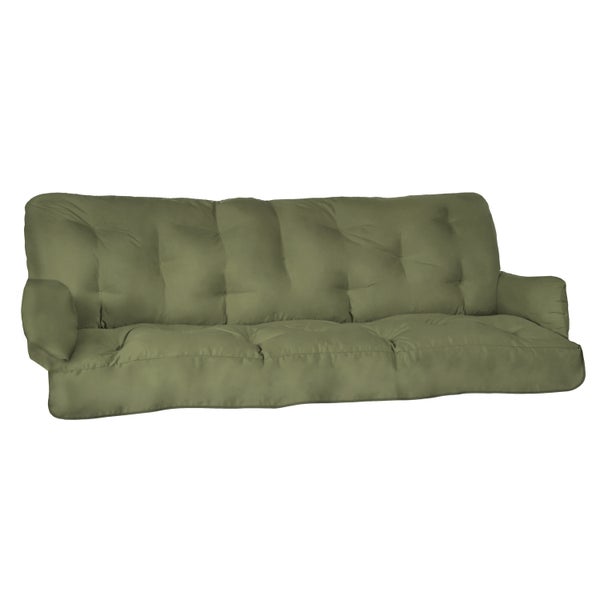 Gesteppte grüne Ersatzauflage für Gartensofa oder Hollywoodschaukel mit Sitzfläche, Rückenlehne und Seitenteilen.