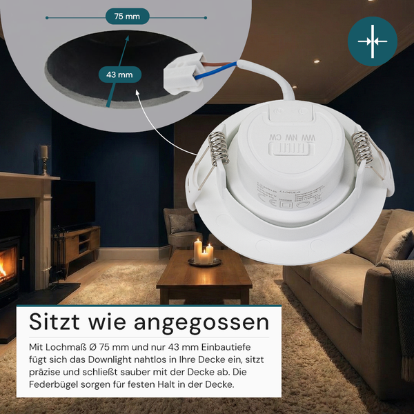 Downlight mit Angabe der Abmessungen im Wohnzimmer