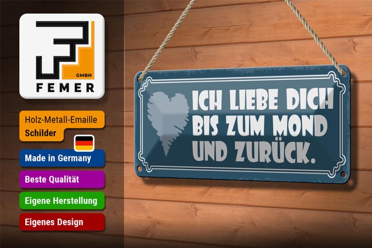 Blechschild Spruch 27x10cm ich liebe dich bis zum Mond und Dekoration