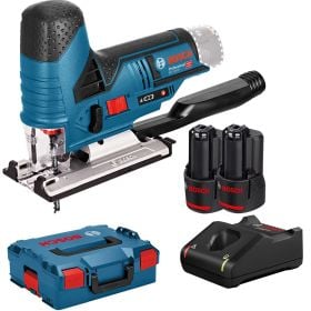Bosch Professional Akku-Stichsäge mit zwei Akkus, Ladegerät und Transportkoffer.