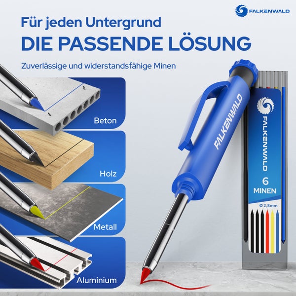 FALKENWALD® Tieflochmarker Bleistift [ + 7 Minen + Spitzer + Schreibgriff ] - Zimmermannsbleistift
