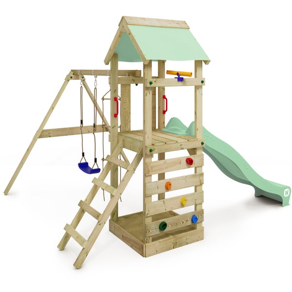 WICKEY Spielturm Klettergerüst FreeFlyer mit Schaukel und Rutsche, Kletterturm mit Sandkasten, Leiter und Spiel-Zubehör – pastellgrün