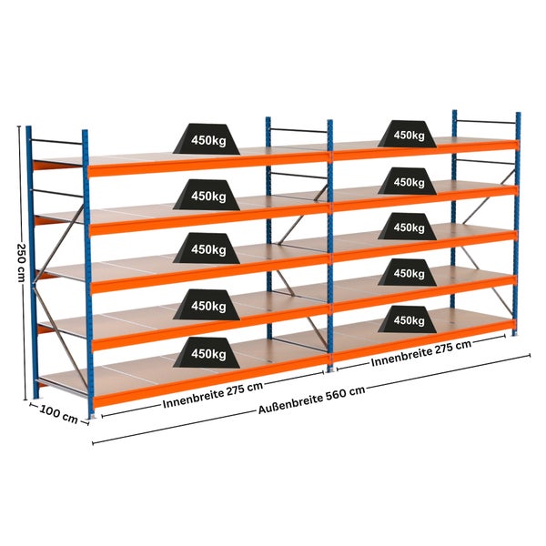 Regalsystem mit mehreren Ebenen und Gewichtsangabe von 450 Kilogramm