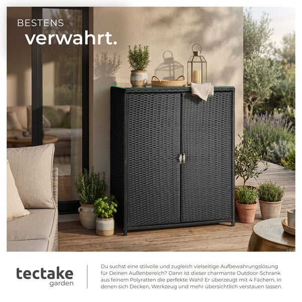 Moderner Outdoor-Schrank aus Polyrattan auf einer Terrasse mit Pflanzen dekoriert und tectake garden Logo.