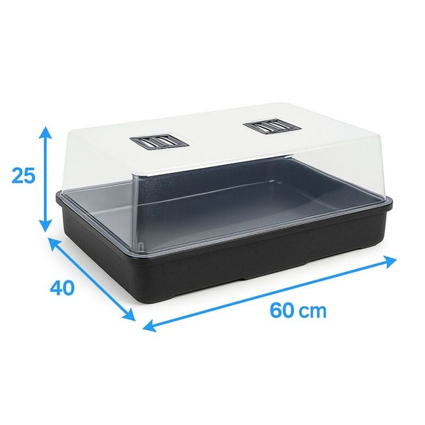 Mini-Gewächshaus aus Kunststoff mit transparenter Abdeckung und Lüftungsschiebern. Maße: 60 Zentimeter lang, 40 Zentimeter breit, 25 Zentimeter hoch.