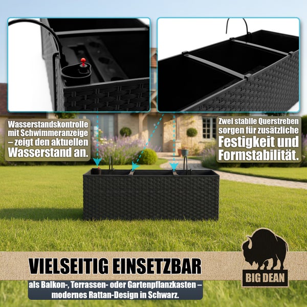 Schwarzer Pflanzkasten im Rattan Design mit Wasserstandsanzeige für Balkon, Terrasse oder Garten