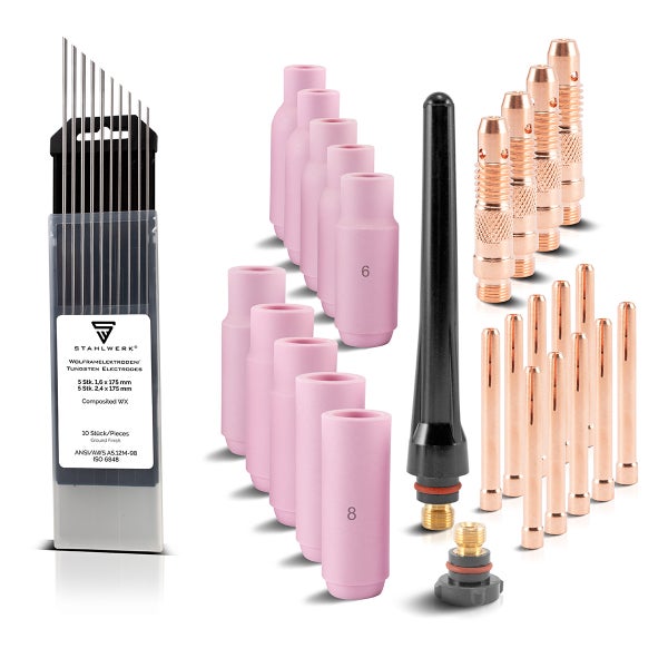 Stahlwerk WIG Schweißzubehör-Set bestehend aus Wolframelektroden, Keramikdüsen, Spannhülsengehäusen, Spannhülsen und Brennerkappe.