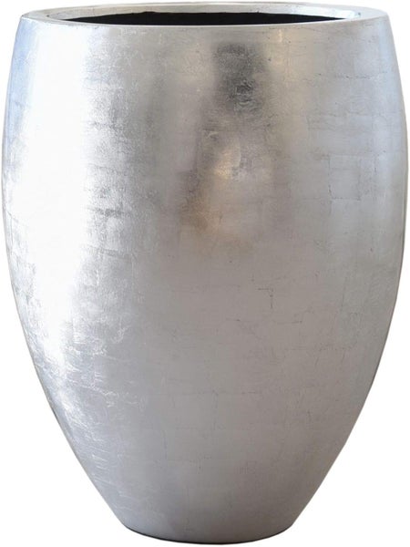 Hoher runder Pflanztopf aus Fiberglas mit silberner Oberfläche in Blattmetall-Optik.