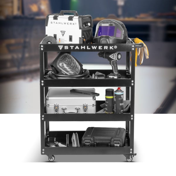 Werkstattwagen mit Schweißgerät, Schweißhelm, Bohrmaschine und Zubehör