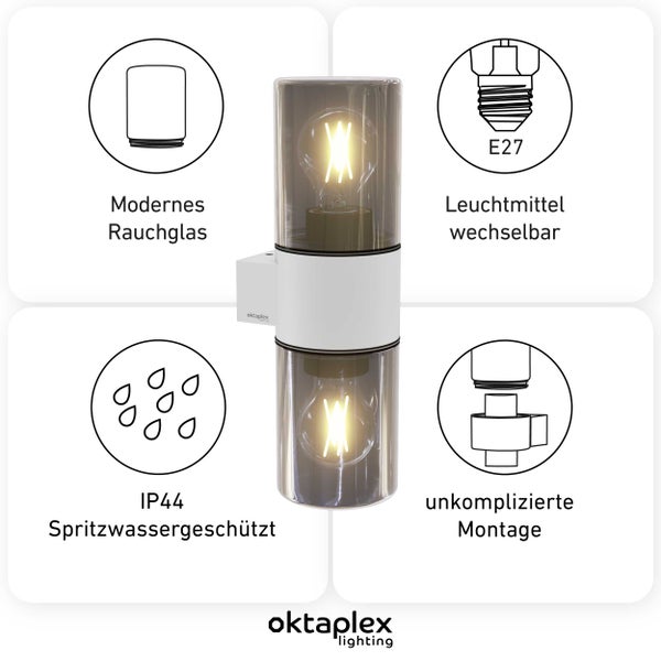 Puno Dos Wandleuchte Außen IP44 E27 Fassung Wechselbar Rauchglas Beleuchtung für Innen Außenbereiche 230V Anthrazit Aluminium