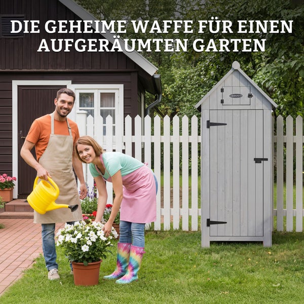 Ein Paar gärtnert vor einem Holzhaus, neben einem hohen, schmalen Gartenschrank aus Holz mit Satteldach zur Aufbewahrung von Gartengeräten.